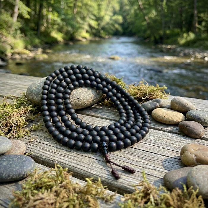 Black shaligram necklace on a wooden surface with a natural background of rocks and water.