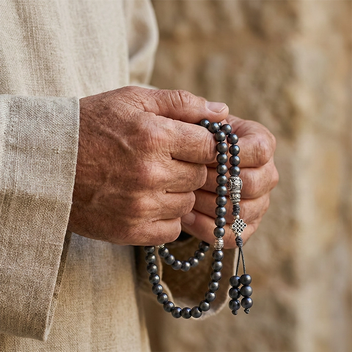 Hand holding a  shaligram rosary  6mm with a blurred natural background