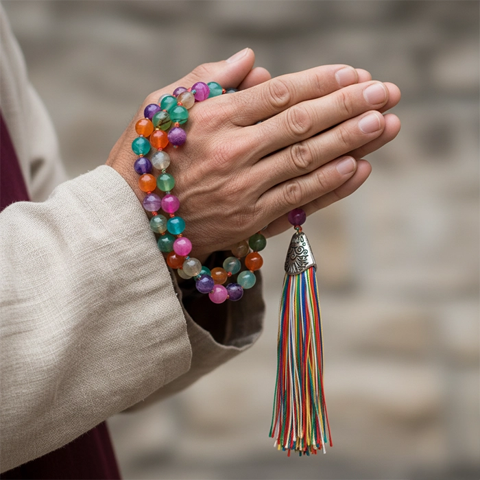 Colorful  natural agate beaded bracelet with a tassel worn by a person, blurred background