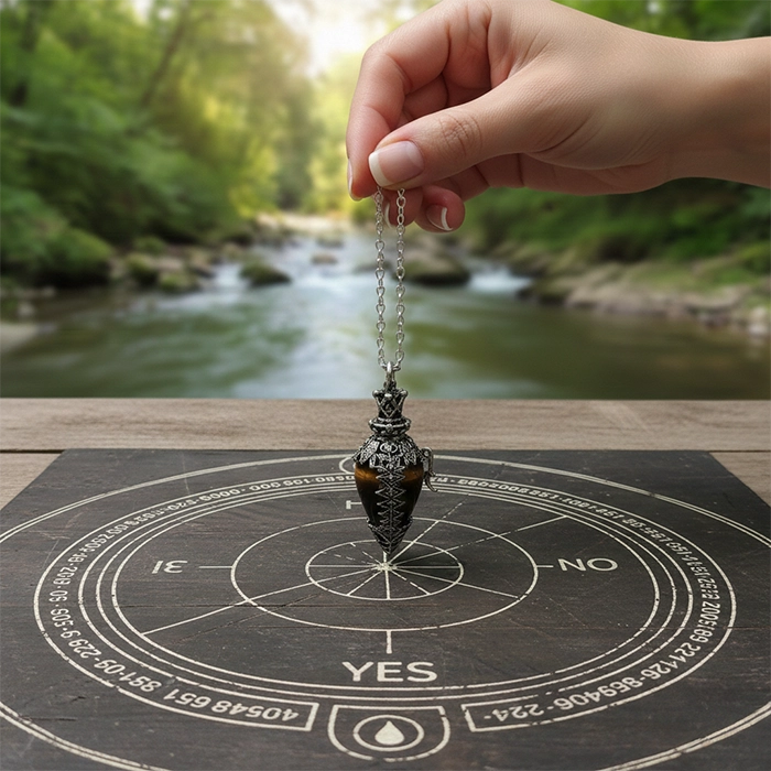 Hand holding a pendulum over a black mat with astrological symbols and a blurred natural background