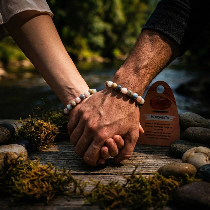 Pulsera de morganita multicolor AuryStone en muñecas, foto lifestyle de pareja en naturaleza junto a río